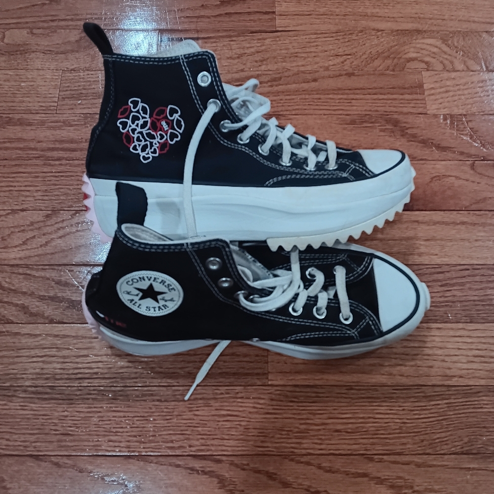 Converse Black & White Run Star High-Top Sneakers with Heart Detail LOVE EDITION